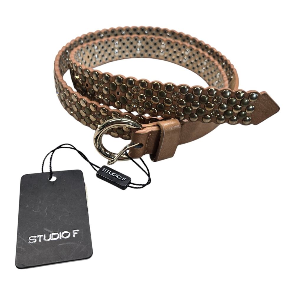 Studio F Faux Leather Belt Brown Goldtone Studded Amber Rhinestones Bling NEW